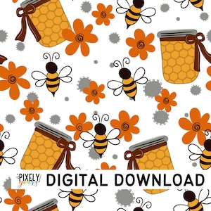 Honey Bee Seamless Pattern | Repeating Pattern Download | Continuous Prints | Flower Background | Surface Design Pattern PNG | Honey Jar