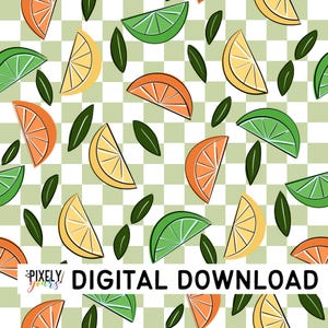 Citrus Plaid Seamless | Repeating Pattern Download | Continuous Prints | Flower Background | Surface Design Pattern PNG | Orange Lemon Lime