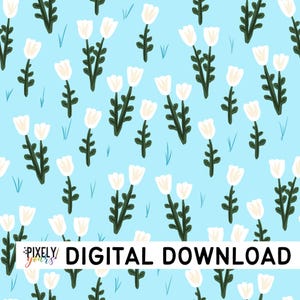 May include: A seamless pattern featuring white flowers with green stems on a light blue background. The flowers are arranged in a repeating pattern, creating a simple and elegant design.