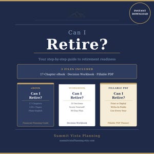 May include: A navy blue digital download graphic with the title "Can I Retire?" and the subtitle "Your step-by-step guide to retirement readiness." Includes an eBook, workbook, and fillable PDF. The image also includes the text "Instant Download."