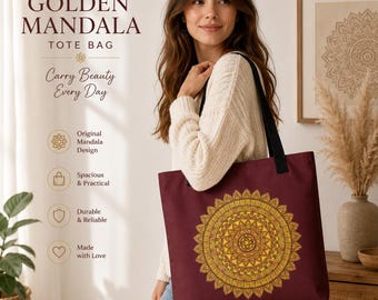 Golden Mandala All-Over Print Tote Bag, Burgundy Boho Shoulder Bag,  Spiritual Gift for Women, Large Market Bag