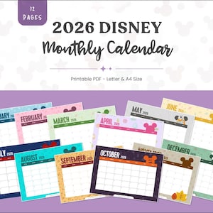 May include: A colorful 2026 Disney monthly calendar with 12 pages. Each month has a different color scheme and Disney-themed graphic. The calendar is available in printable PDF format, Letter and A4 size.