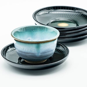 Japanese Chataku - Set of 5 Blue Gold Geometric Black Lacquered Tea Saucers