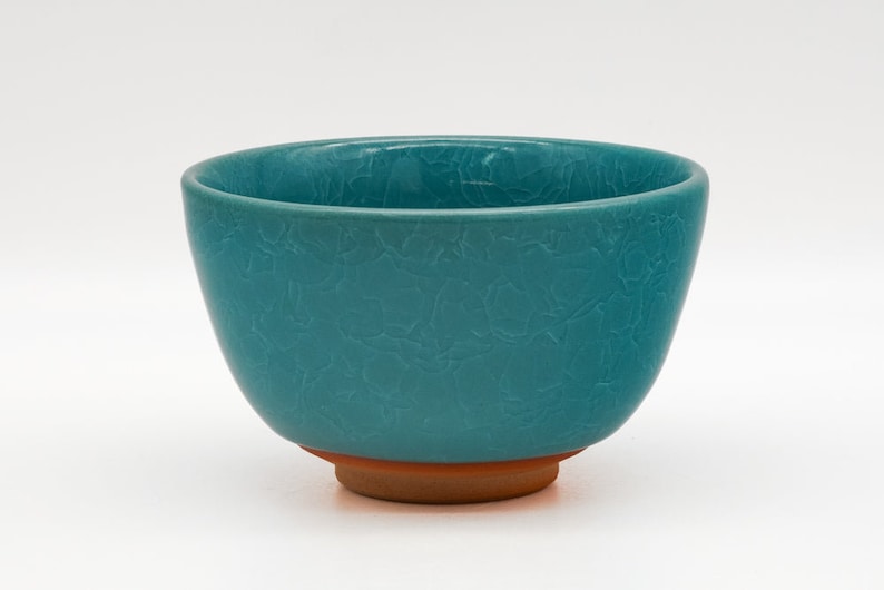 Japanese Matcha Bowl - 岡山純三 Okayama Junzō - Turquoise Celadon Snowflake Glazed Chawan - Thumbnail 3