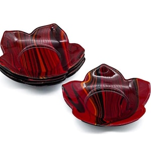 Japanese Chataku - Set of 5 Floral Wavy Red Black Lacquer Tea Saucers
