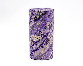 Japanese Chazutsu - 江東堂 Kotodo - Purple Floral Washi Wrapped Metal Tea Canister - 200g