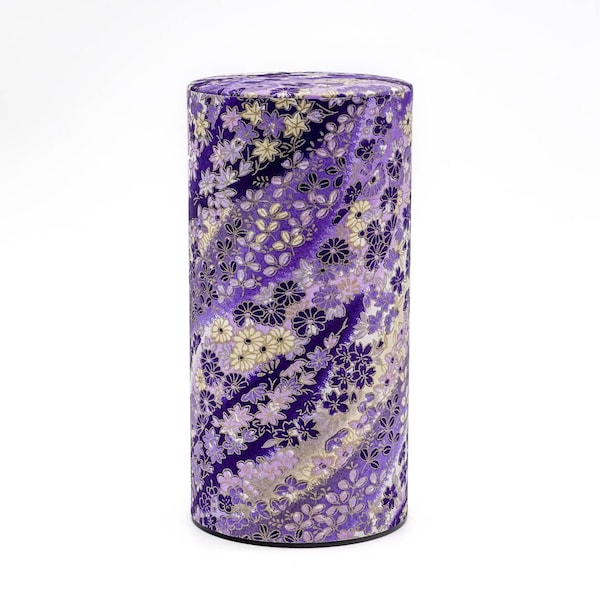 Japanese Chazutsu - 江東堂 Kotodo - Purple Floral Washi Wrapped Metal Tea Canister - 200g