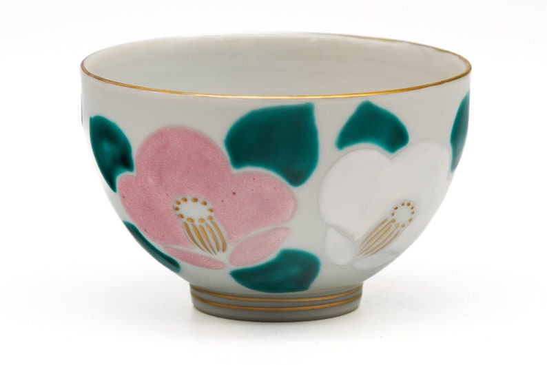 Japanese Teacup - 倉元 真佐夫 Kuramoto Masao - Hand-painted Camellias Kiyomizu Yunomi - Thumbnail 2