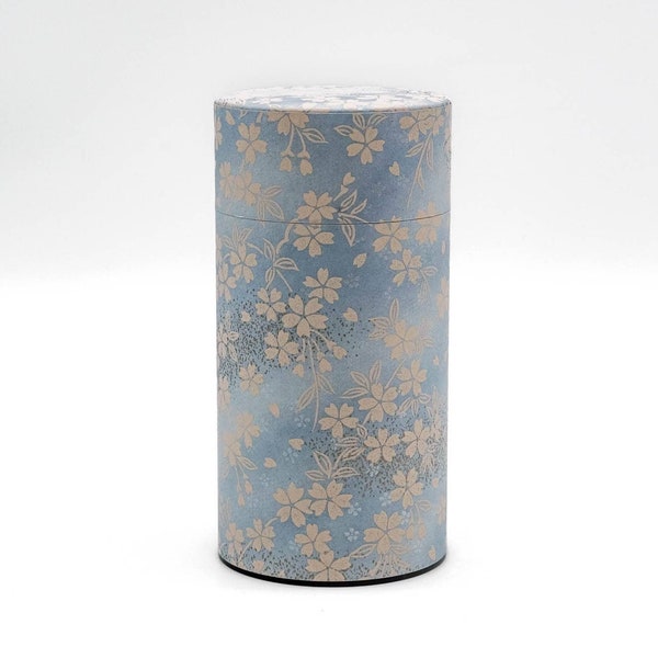 Japanese Chazutsu - 江東堂 Kotodo - Blue Beige Floral Washi Wrapped Metal Tea Canister - 200g