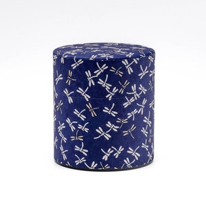 Japanese Chazutsu - 江東堂 Kotodo - Blue White Dragonflies Washi Wrapped Metal Tea Canisters - 150g