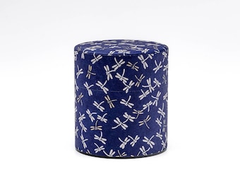 Japanese Chazutsu - 江東堂 Kotodo - Blue White Dragonflies Washi Wrapped Metal Tea Canisters - 150g