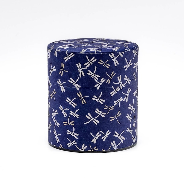 Japanese Chazutsu - 江東堂 Kotodo - Blue White Dragonflies Washi Wrapped Metal Tea Canisters - 150g