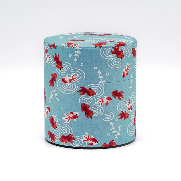 Japanese Chazutsu - 江東堂 Kotodo - Blue Koi Washi Wrapped Metal Tea Canister - 150g