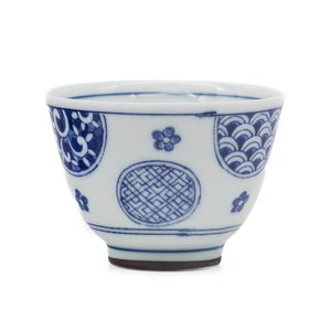Japanische Teetasse - Blau Kreis Wappen Porzellan Mino-yaki Yunomi - 70ml