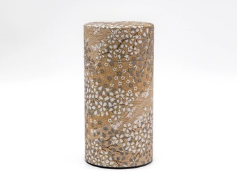 Japanese Chazutsu - 江東堂 Kotodo - Gold White Floral Washi Wrapped Metal Tea Canister - 200g