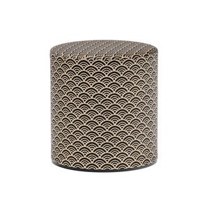 May include: A black and gold cylindrical storage container with a geometric pattern of overlapping semicircles.