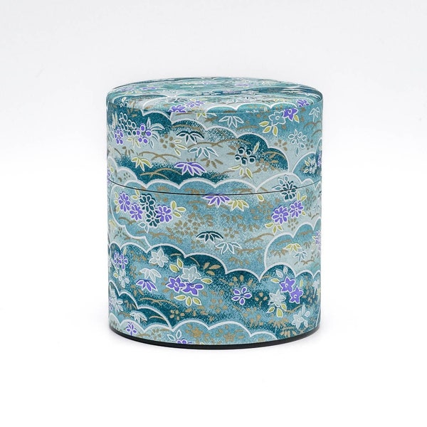 Japanese Chazutsu - 江東堂 Kotodo - Blue Floral Washi Wrapped Metal Tea Canister - 150g