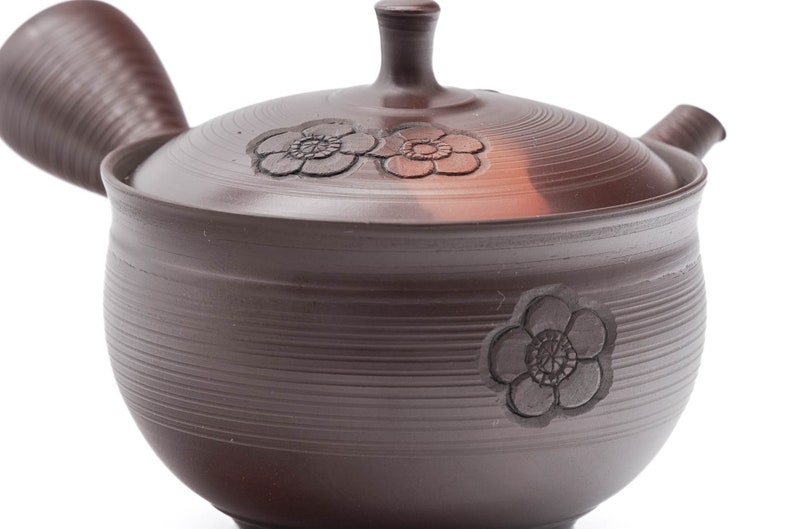 Japanese Kyusu - Gyokuryu Umehara - Brown Yōhen Plum Blossoms Tokoname-yaki Teapot - Thumbnail 4
