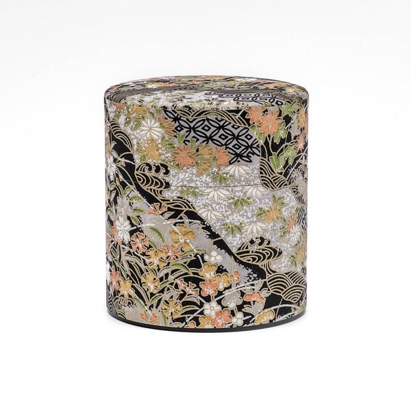 Japanese Chazutsu - 江東堂 Kotodo - Black White Orange Floral Washi Wrapped Metal Tea Canister - 150g