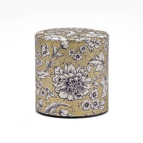 Japanese Chazutsu - 江東堂 Kotodo - Gold White Floral Washi Wrapped Metal Tea Canister - 100g