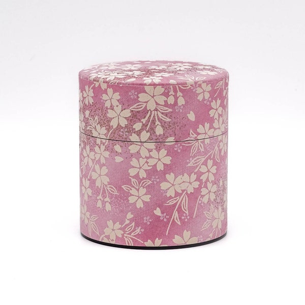 Japanese Chazutsu - 江東堂 Kotodo - Pink Beige Floral Washi Wrapped Metal Tea Canister - 150g