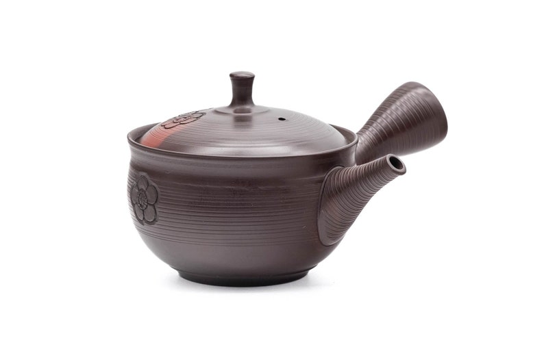 Japanese Kyusu - Gyokuryu Umehara - Brown Yōhen Plum Blossoms Tokoname-yaki Teapot - Thumbnail 2