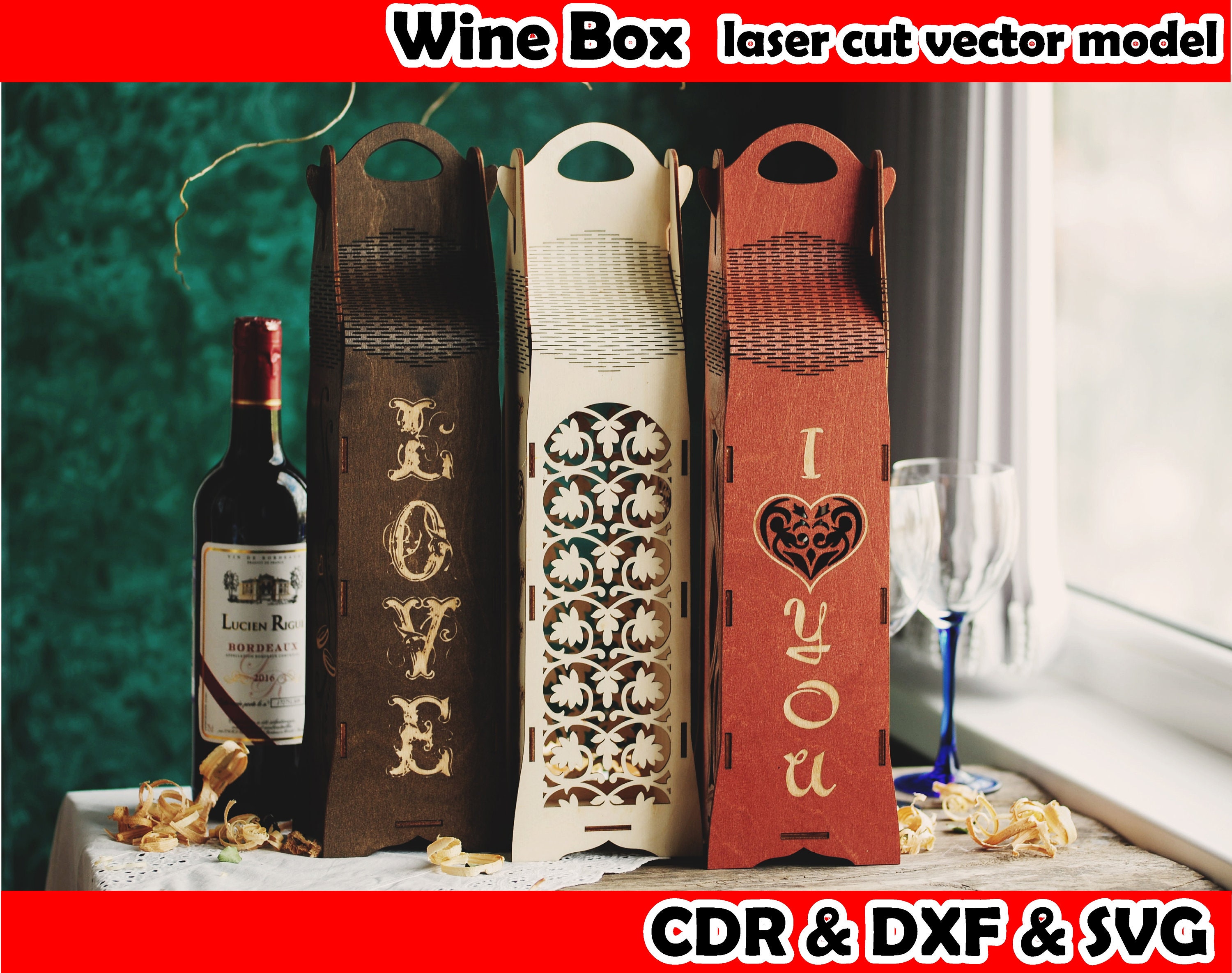 Wood Wine Box Laser Cut Files CNC router Files Wine Gift Etsy