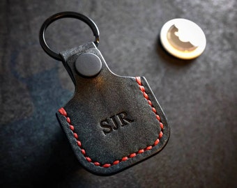 Leather AirTag Keychain: Black Veg Tan, Monogram Option