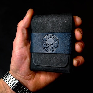 The Destroyer 1.0, leren portemonnee met klep, Edc-leer, Edc-kaarthoes, edc-kaartportemonnee, volnerf leren portemonnee, schedelportemonnee