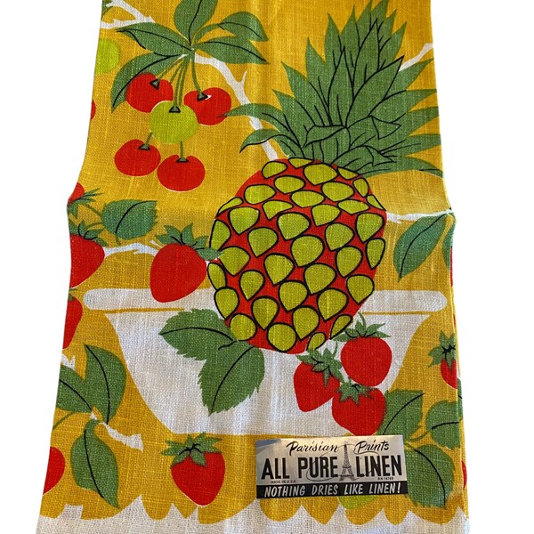 VTG Parisian Prints Pure Linen Tea Dish Towel NEW Tropical Fruit Colorful