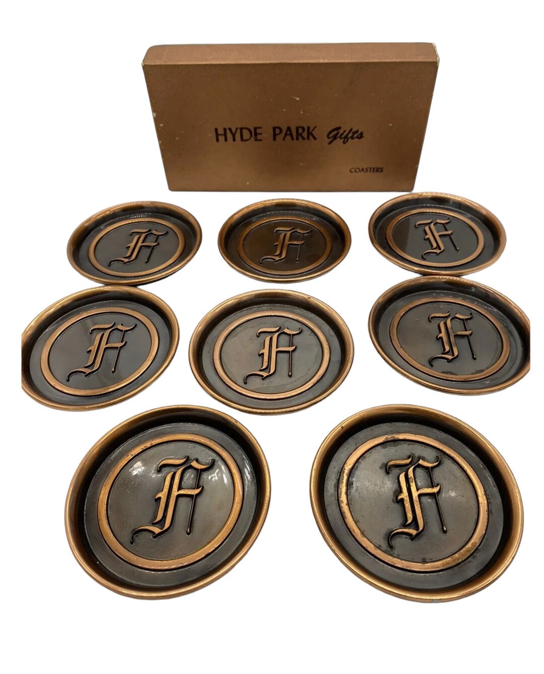 Vintage Set 8 Hyde Park Copper Metal Coasters Monogram Letter Etsy UK