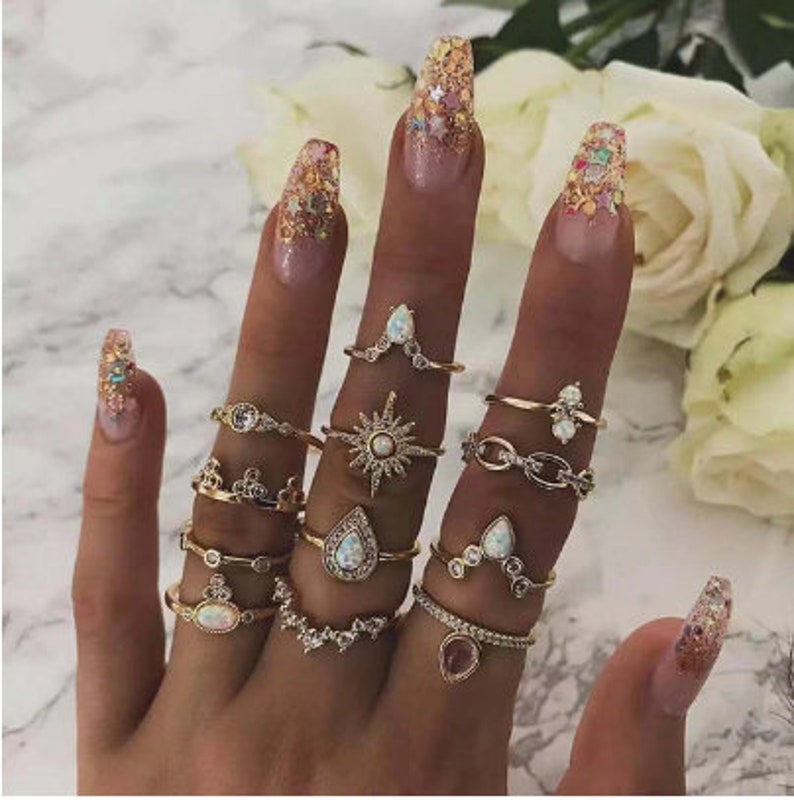 Bohemian Opal Crystal Rings Set WaterDrop Star Geometric Charm Midi Finger Bands Fashion Gold Color Hollow Circlets For Women