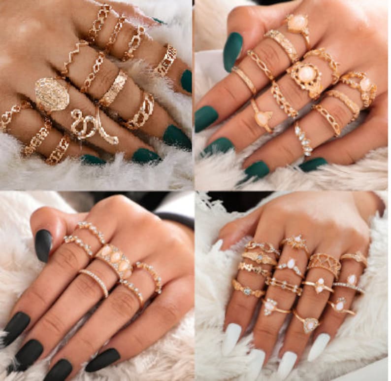 Bohemian Opal Crystal Rings Set WaterDrop Star Geometric Charm Midi Finger Bands Fashion Gold Color Hollow Circlets For Women
