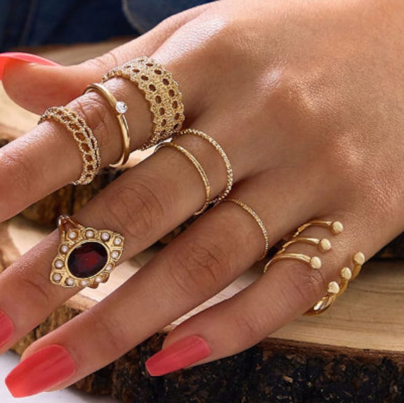 Bohemian Opal Crystal Rings Set WaterDrop Star Geometric Charm Midi Finger Bands Fashion Gold Color Hollow Circlets For Women