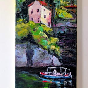 Country House by the Sea Original Oil Painting Coastal Wall Art Canvas Art Seascape with Boat Impasto Painting Meditarranean Art