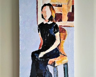 Woman sitting on a Chair Original Oil Painting Woman Wall Art Large Painting Faceless Painting Canvas Art 32" by 16" by VeraZartShop