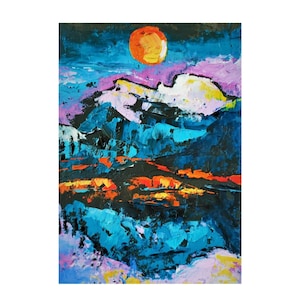 Moon Oil Painting Original Art Mountain Painting Nigh Landscape Small Artwork Colorado Painting Colorful Painting 7&quot; by 5&quot;