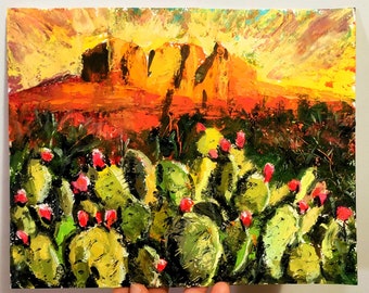 Sedona Arisona Original Oil Painting Mountain and Cacti Original Art Sedona Mountains Cacti Artwork Sunset Painting 8" by 10"