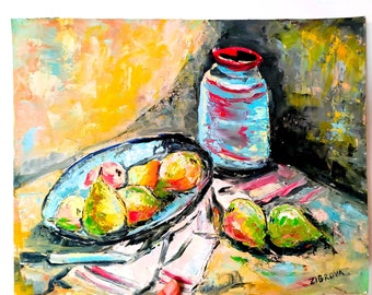 Still Life with Pears Original Oil Painting Pears on the Table Artwork Pear Painting Kitchen Wall Art Original Impasto Painting 11" by 14"