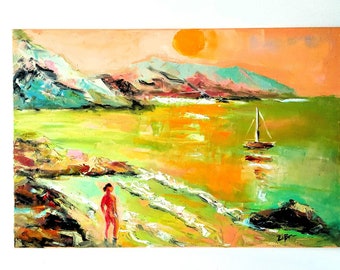 Large Mediterranean Oil Painting Original Art Seascape Painting Canvas Art Italian Coast Wall Art Italy Beach Impasto Painting Naked Woman