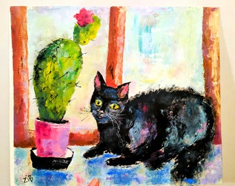 Original Oil Painting Cat And Cactus Still Life Painting Black Cat Artwork Cactus in a Pot Painting Blooming Cactus on the Window 11" x 14"