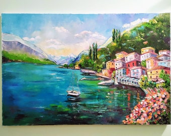 Italian Painting Original Art Oil Painting Large Artwork Lake Como Wall Art Seaside Town Italy Painting Canvas Art by VeraZartShop