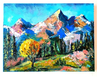 Mountains Original Oil Painting Landscape with Mountain Canvas Art Mountains and Meadow Impasto Painting Original Colorful Wall Art 12"x 16"