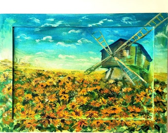 California Poppies and Windmill Painting Original Art Rural Landscape Oil Painting Poppies Fields Wall Art Yellow Flowers Painting 20" x 28"