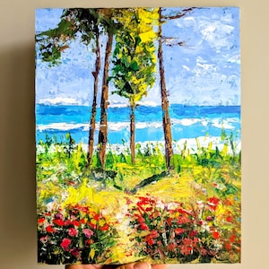 Flower Meadow on the Seashore Original Oil Painting Poppies Landscape Impasto Painting Small Artwork California Coast Original Art 8&quot; x 10&quot;
