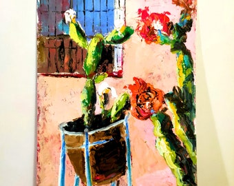 Cacti in a Pot Original Oil Painting Mexican Hacienda Cactus Artwork Mexican House, Art with Cactus Blooming Cactus Painting 10" by 8"