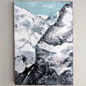 Rocky Mountain Painting Original Art Snowy Peaks Painting Landscape with Mountains Living Room Wall Art Canvas Art Monochrome Painting 20x14
