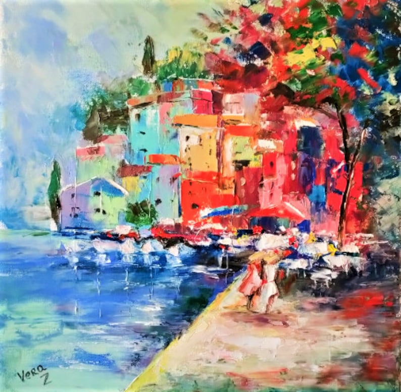 Peinture à l'huile originale de paysage italien de la côte amalfitaine, peinture de paysage marin, paysage urbain, art mural, toile, empâtement par VeraZartShop image 10