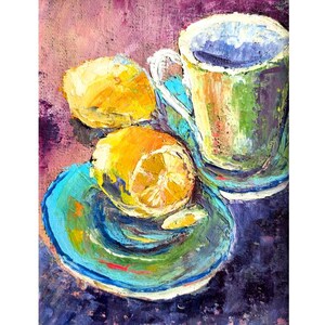 Natureza morta com limão Arte original Pequena pintura a óleo Xícara de chá Arte Natureza morta Arte de parede Pintura de cozinha Pintura de impasto de limão 10" por 8"