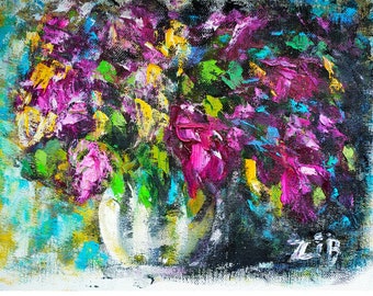Flowers Painting Abstract Original Oil Painting Vase Painting Floral Art Flowers in a Vase Purple Flowers Colorful Impasto Painting 11"x 14"